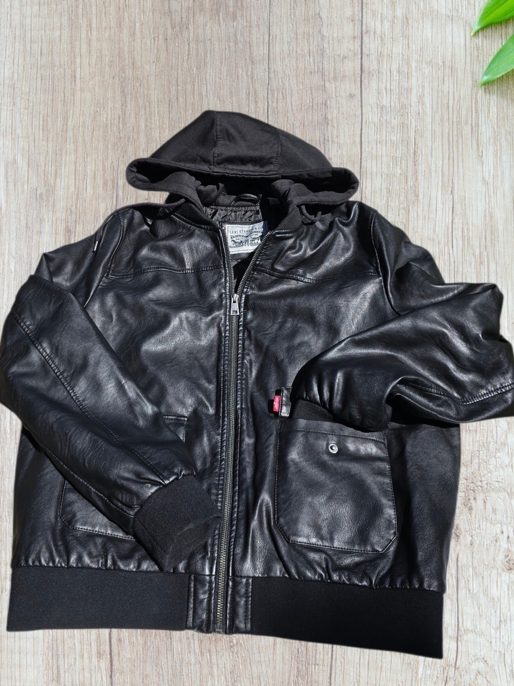 LEVI'S Black Faux Leather Jacket with Hood Size XL Unisex Like New